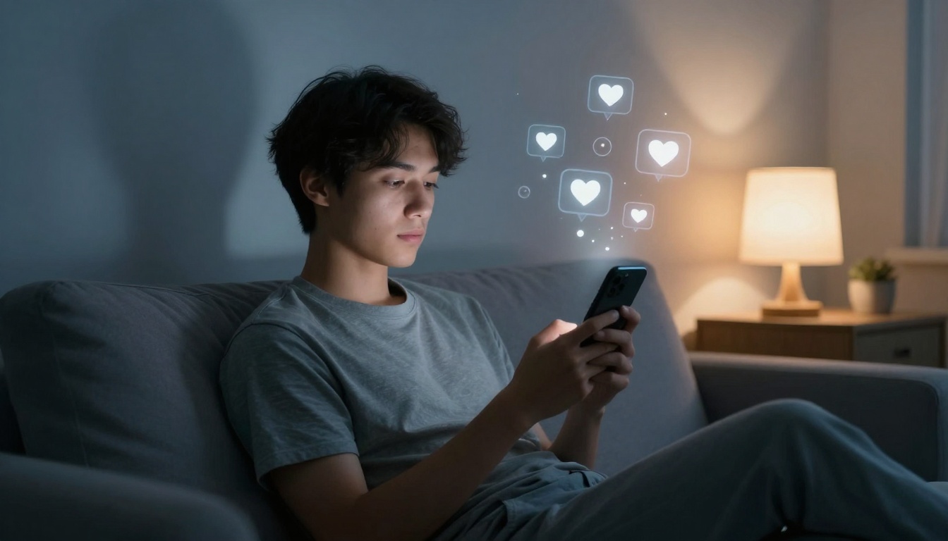 A person sits on a gray couch in a dimly lit room, looking at a smartphone. Digital heart icons float above the phone. A lit lamp is on a side table in the background.