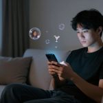 A man in a black shirt sits on a sofa, focused on his smartphone. Holographic bubbles show a woman's face and a cocktail icon. The room is dimly lit, with a window and curtains in the background.