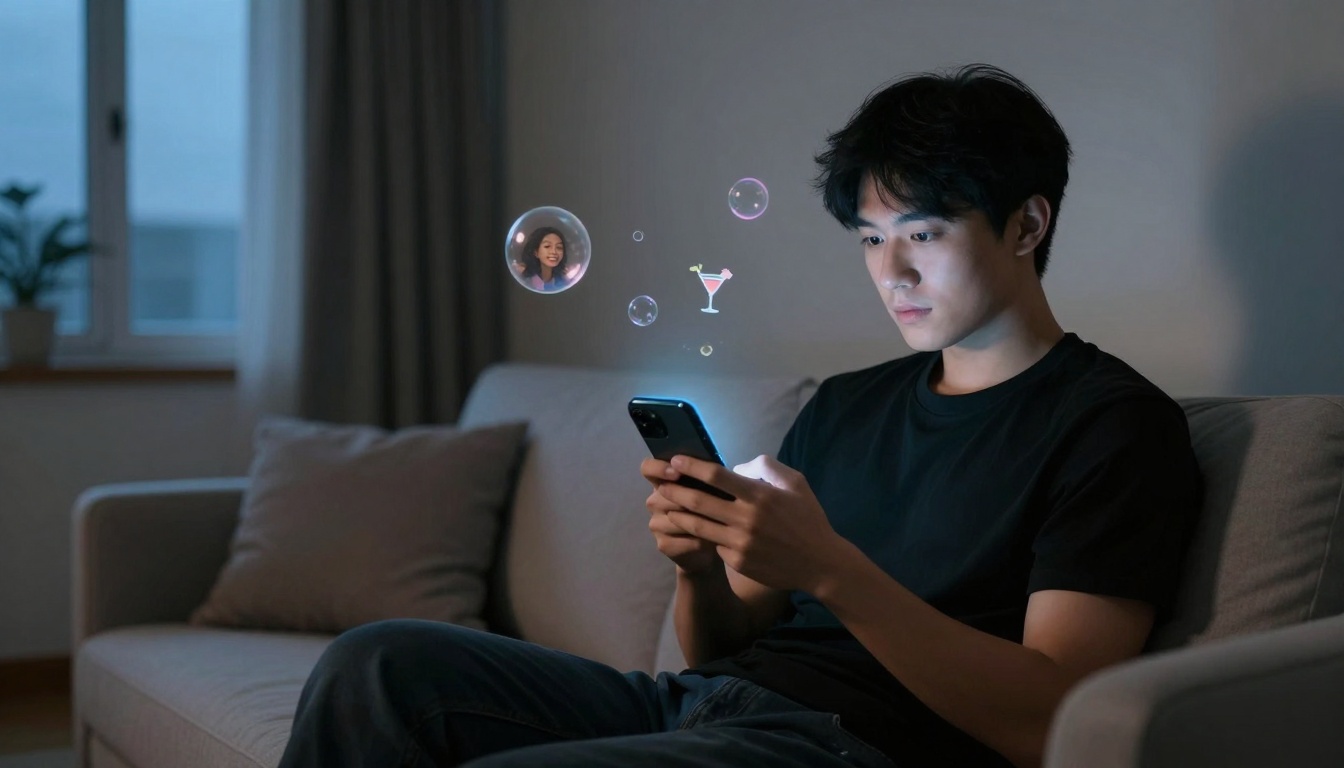 A man in a black shirt sits on a sofa, focused on his smartphone. Holographic bubbles show a woman's face and a cocktail icon. The room is dimly lit, with a window and curtains in the background.