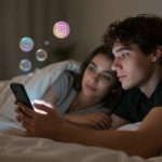 A man and woman lie in bed under white sheets, both looking at a smartphone. Digital icons, including Instagram, appear above the phone.