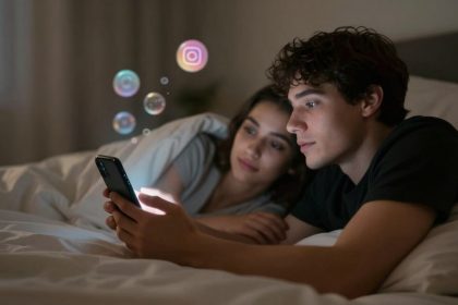 A man and woman lie in bed under white sheets, both looking at a smartphone. Digital icons, including Instagram, appear above the phone.