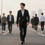 A man in a black suit walks confidently on a road, surrounded by others in suits and casual attire. The background is a cityscape with buildings.