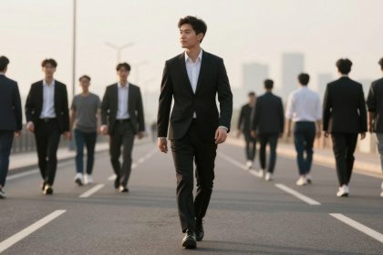 A man in a black suit walks confidently on a road, surrounded by others in suits and casual attire. The background is a cityscape with buildings.