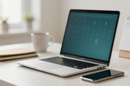 A laptop displaying a calendar sits on a white desk. Nearby are a smartphone, a stack of notebooks, a white coffee mug, and a desk calendar.