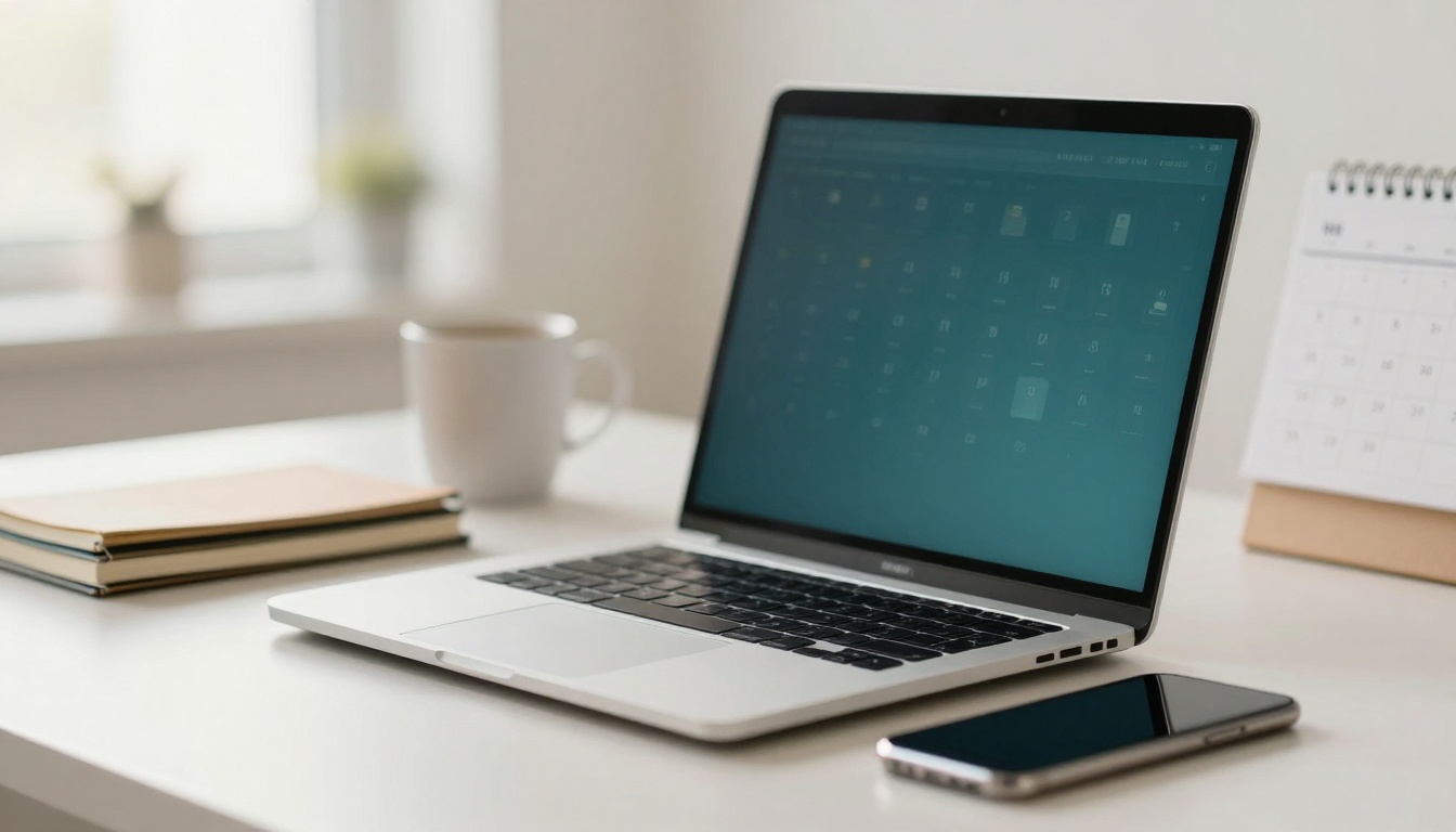 A laptop displaying a calendar sits on a white desk. Nearby are a smartphone, a stack of notebooks, a white coffee mug, and a desk calendar.