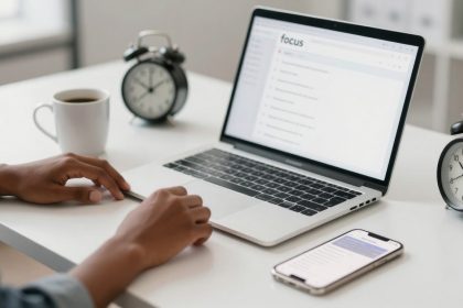 A person works at a laptop on a white desk, with a white coffee mug, smartphone, and two black alarm clocks nearby.