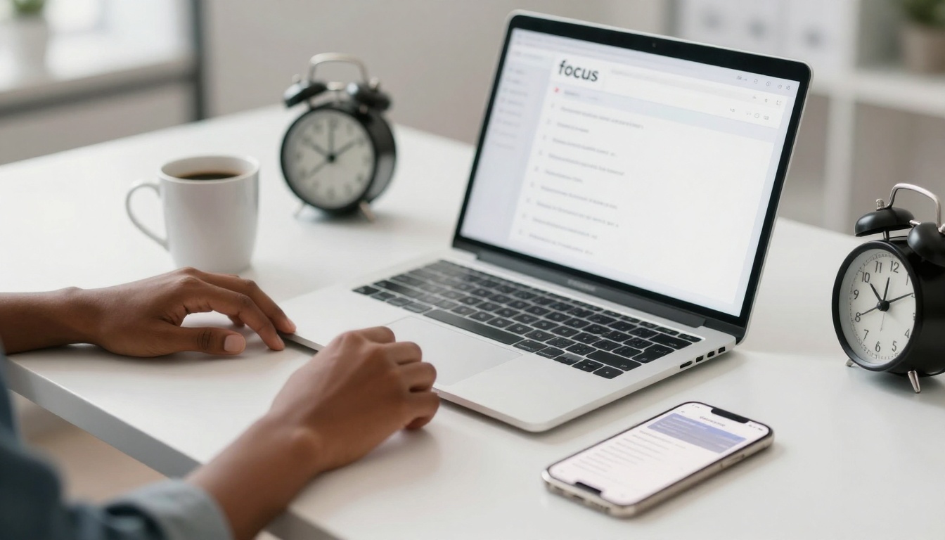 A person works at a laptop on a white desk, with a white coffee mug, smartphone, and two black alarm clocks nearby.