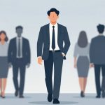Illustration of a confident man in a dark suit and tie walking forward, with a group of diverse, blurred people in business attire behind him.