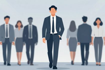 Illustration of a confident man in a dark suit and tie walking forward, with a group of diverse, blurred people in business attire behind him.