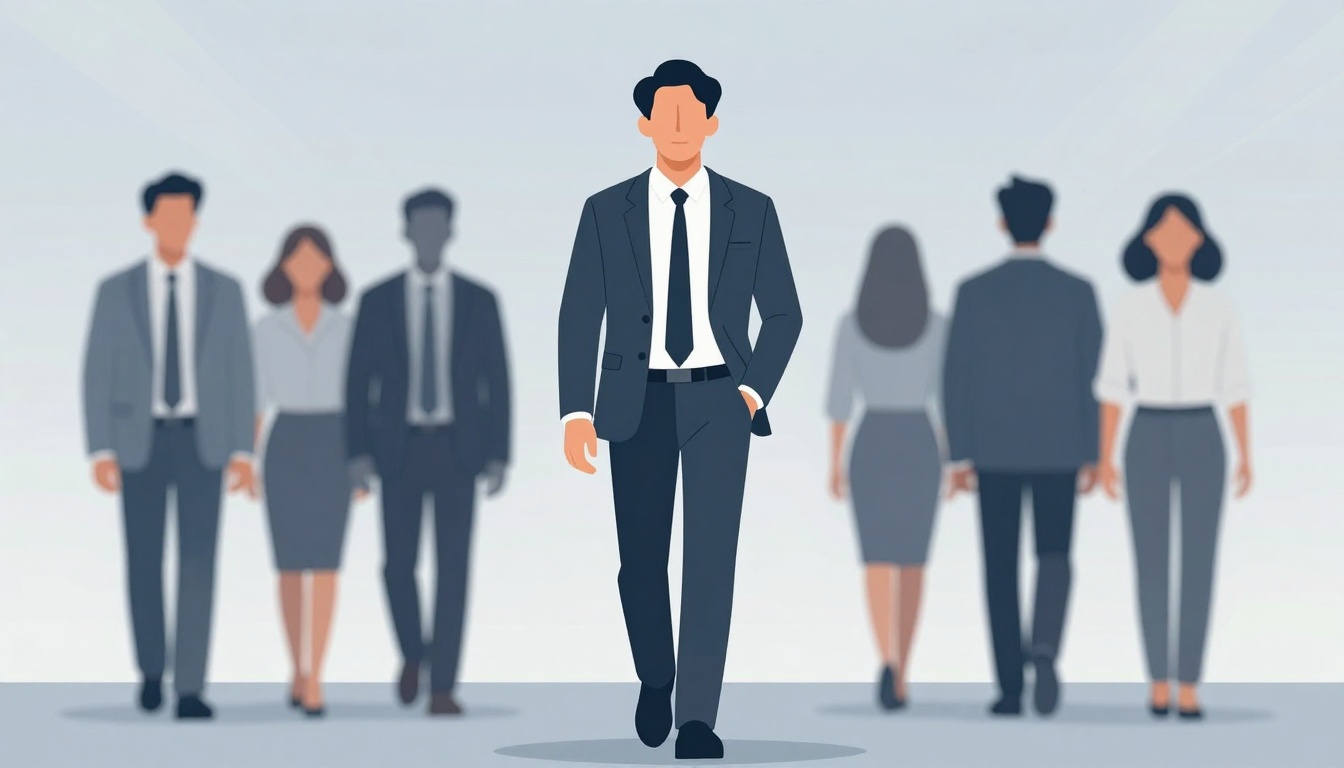 Illustration of a confident man in a dark suit and tie walking forward, with a group of diverse, blurred people in business attire behind him.