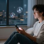 A person sits on a bedroom floor, holding a smartphone, with glowing social media icons above. A large window shows city lights outside.