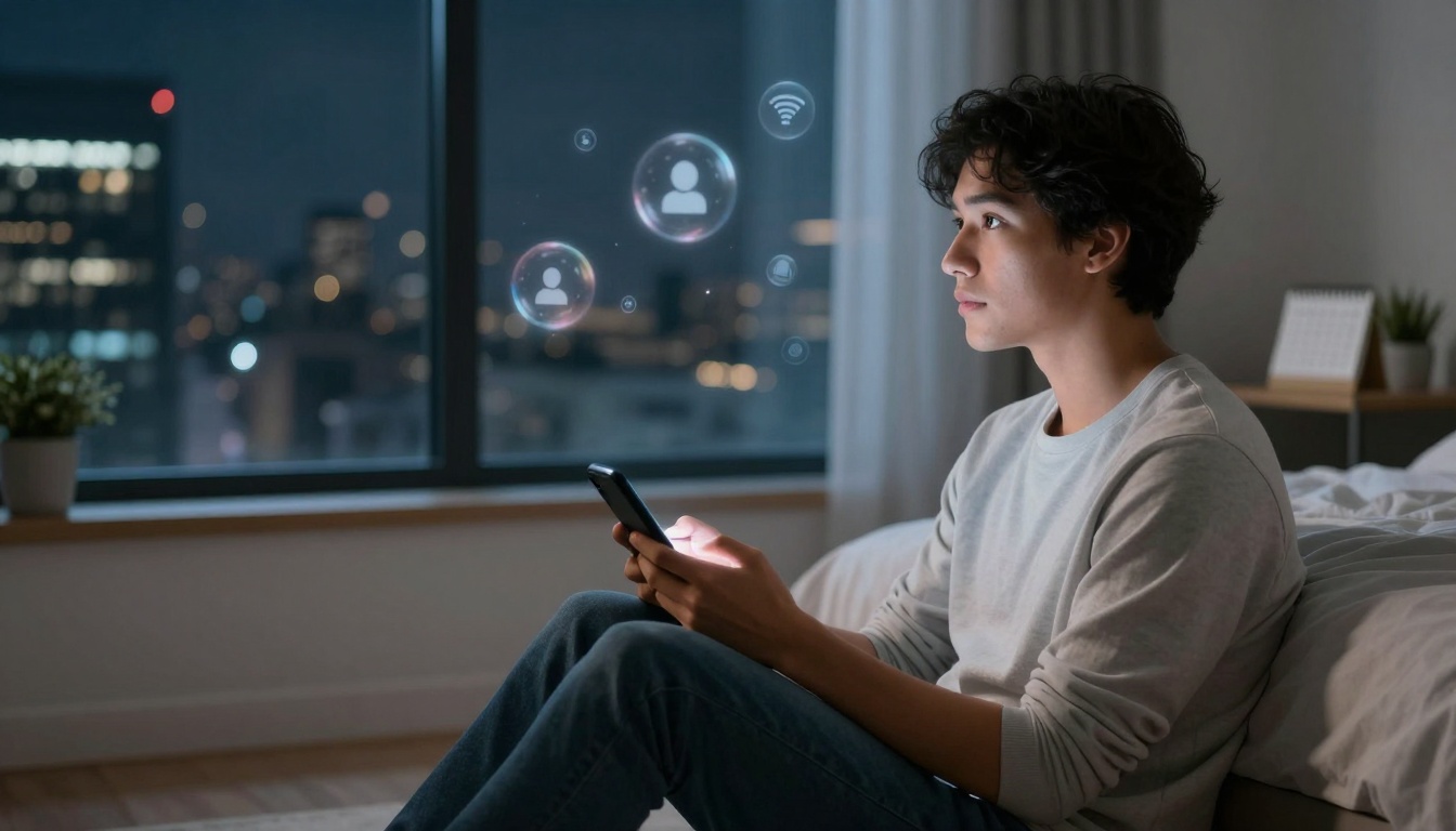A person sits on a bedroom floor, holding a smartphone, with glowing social media icons above. A large window shows city lights outside.