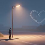 A person stands under a streetlamp at night, gazing at a heart-shaped chain with a crack in it, floating in the sky.