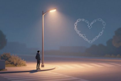 A person stands under a streetlamp at night, gazing at a heart-shaped chain with a crack in it, floating in the sky.