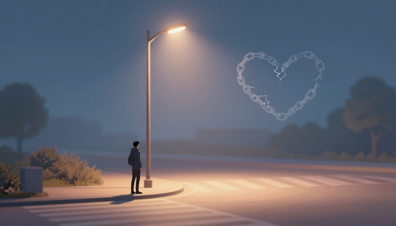 A person stands under a streetlamp at night, gazing at a heart-shaped chain with a crack in it, floating in the sky.
