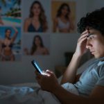 A person with dark hair is lying in bed, looking at a smartphone with a concerned expression. The room is dimly lit, with posters of people in swimwear on the wall.