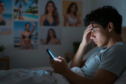 A person with dark hair is lying in bed, looking at a smartphone with a concerned expression. The room is dimly lit, with posters of people in swimwear on the wall.