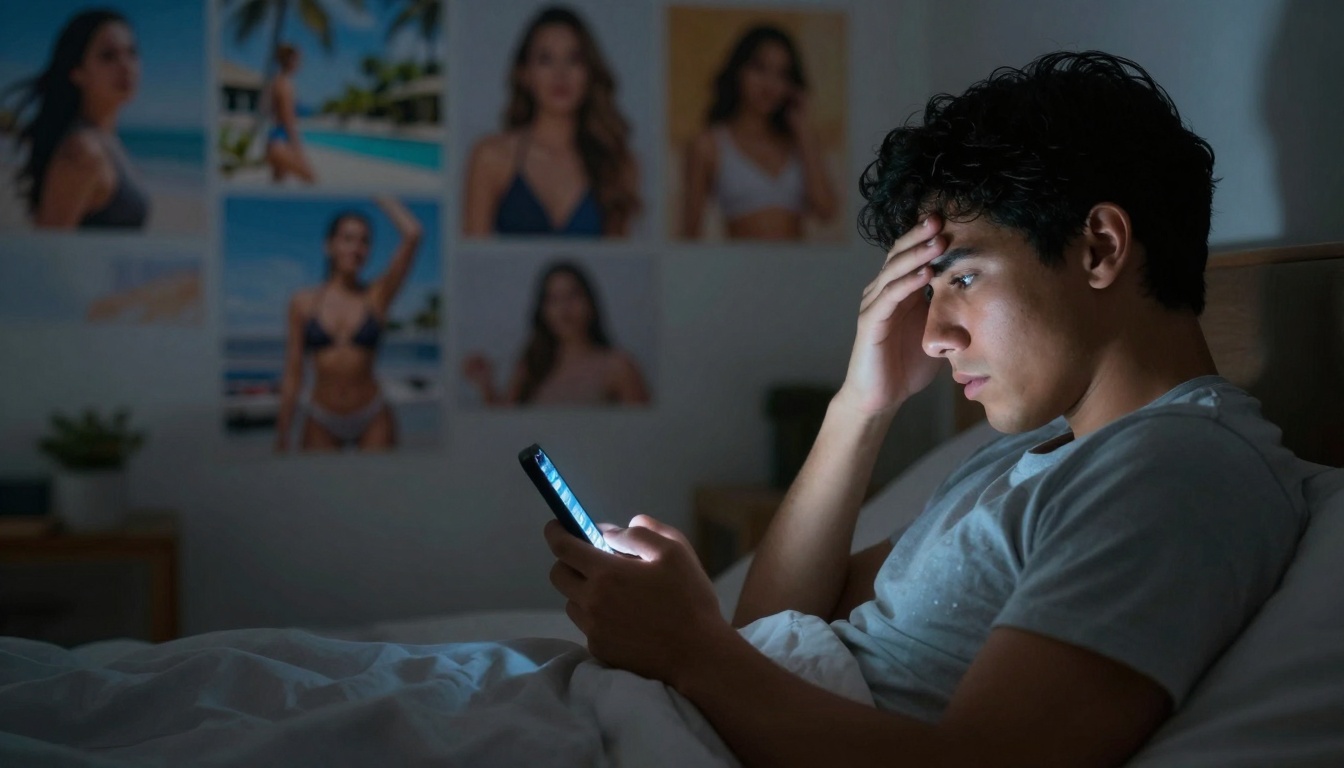 A person with dark hair is lying in bed, looking at a smartphone with a concerned expression. The room is dimly lit, with posters of people in swimwear on the wall.