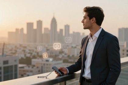 A man in a suit holds a smartphone on a rooftop, overlooking a city skyline at sunset. Digital icons float near the phone.