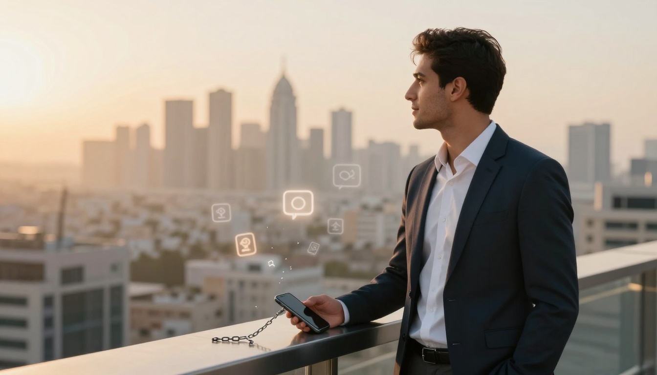 A man in a suit holds a smartphone on a rooftop, overlooking a city skyline at sunset. Digital icons float near the phone.