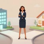 A woman in a business suit stands at a crossroads, with a building on the left and a house with sneakers on the right.