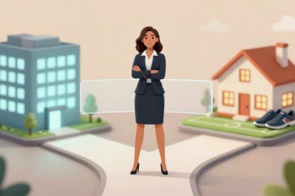 A woman in a business suit stands at a crossroads, with a building on the left and a house with sneakers on the right.