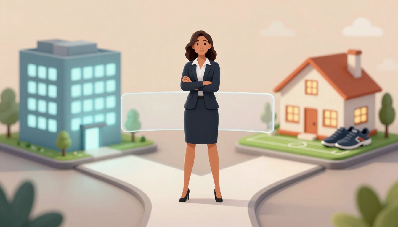 A woman in a business suit stands at a crossroads, with a building on the left and a house with sneakers on the right.