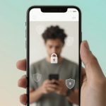 A hand holds a smartphone displaying a blurred person in the background. A large padlock icon overlays the screen, symbolizing security. The background is gradient with light blue and beige tones.