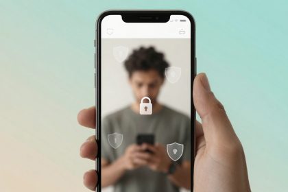 A hand holds a smartphone displaying a blurred person in the background. A large padlock icon overlays the screen, symbolizing security. The background is gradient with light blue and beige tones.