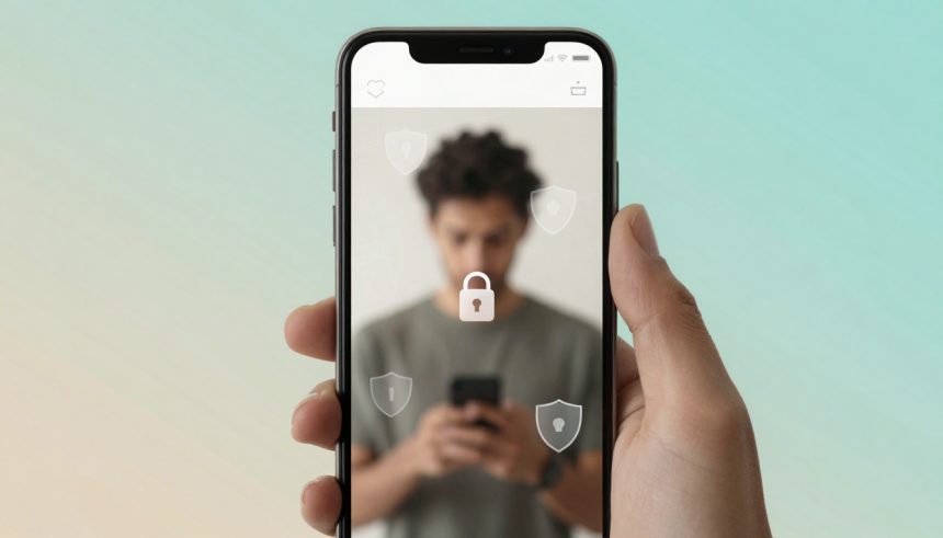 A hand holds a smartphone displaying a blurred person in the background. A large padlock icon overlays the screen, symbolizing security. The background is gradient with light blue and beige tones.