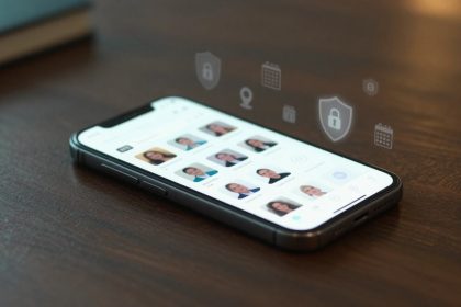 A smartphone on a wooden table displays a contact list with profile photos. Floating icons above show a lock, calendar, and location.