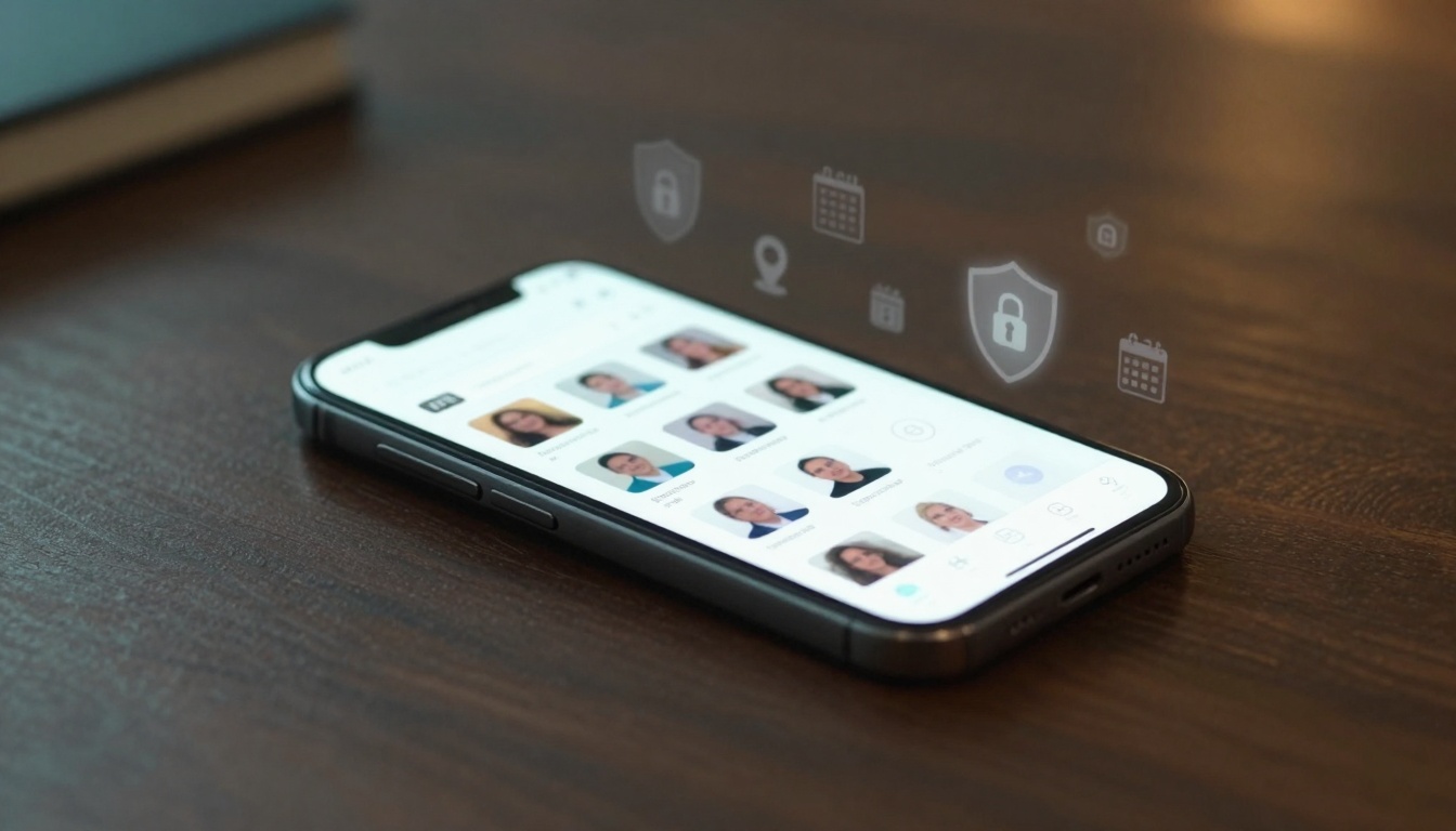 A smartphone on a wooden table displays a contact list with profile photos. Floating icons above show a lock, calendar, and location.