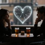 A man and a woman sit across from each other at a table in a dimly lit cafe, each with a pint of beer. A glowing, cracked heart shape is visible on the window between them.