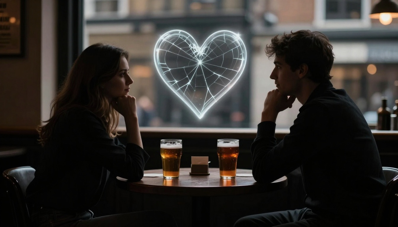 A man and a woman sit across from each other at a table in a dimly lit cafe, each with a pint of beer. A glowing, cracked heart shape is visible on the window between them.
