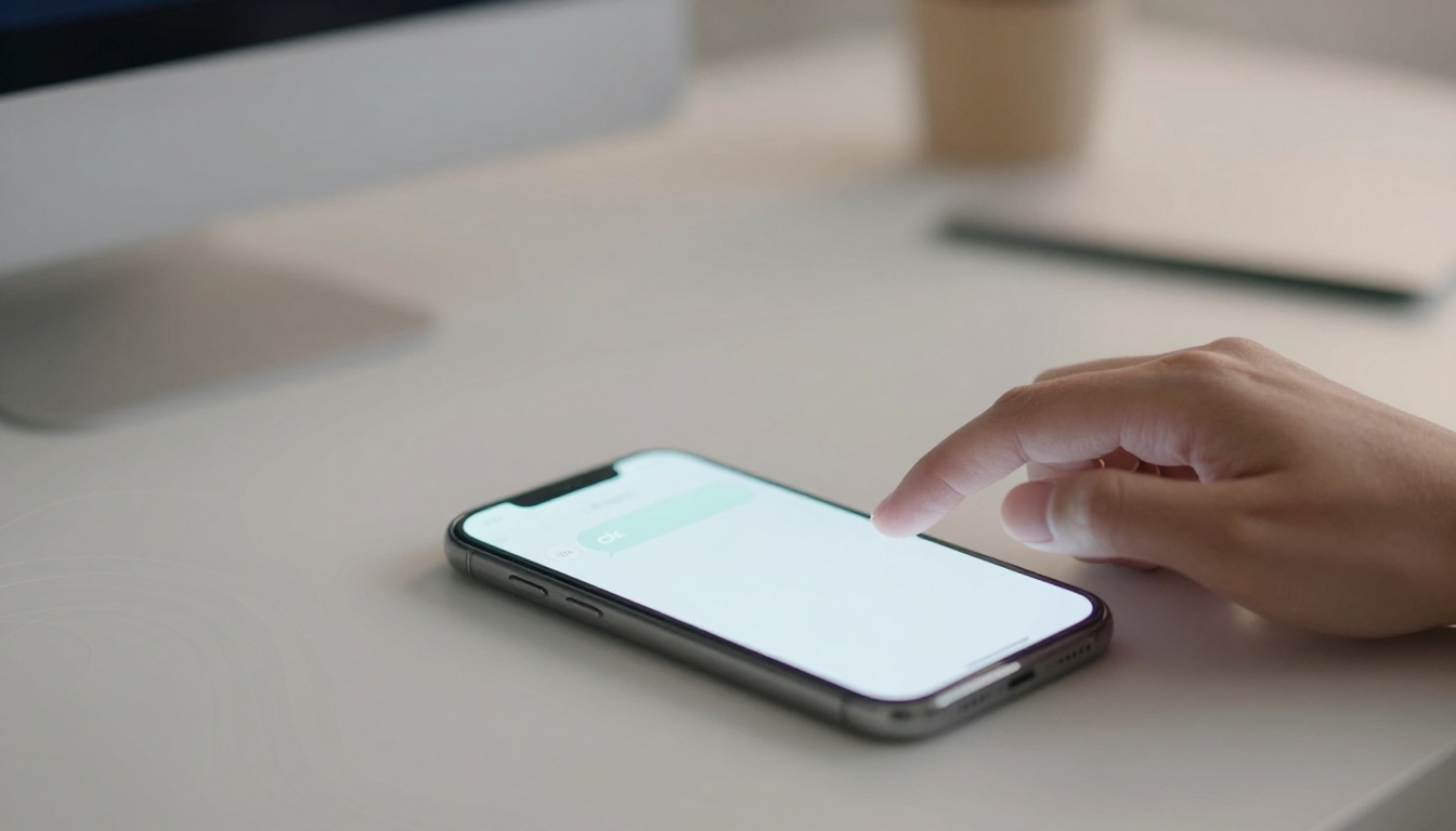 A hand touches the screen of a smartphone on a white desk. The phone displays a message app with the word "ok" visible. A blurred computer and coffee cup are in the background.