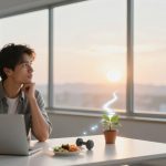 A person sits at a desk in an office, looking thoughtfully out the window at a sunset. A laptop, small potted plant, dumbbell, and a plate of food are on the desk. The room is bright with natural light.