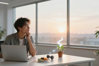 A person sits at a desk in an office, looking thoughtfully out the window at a sunset. A laptop, small potted plant, dumbbell, and a plate of food are on the desk. The room is bright with natural light.