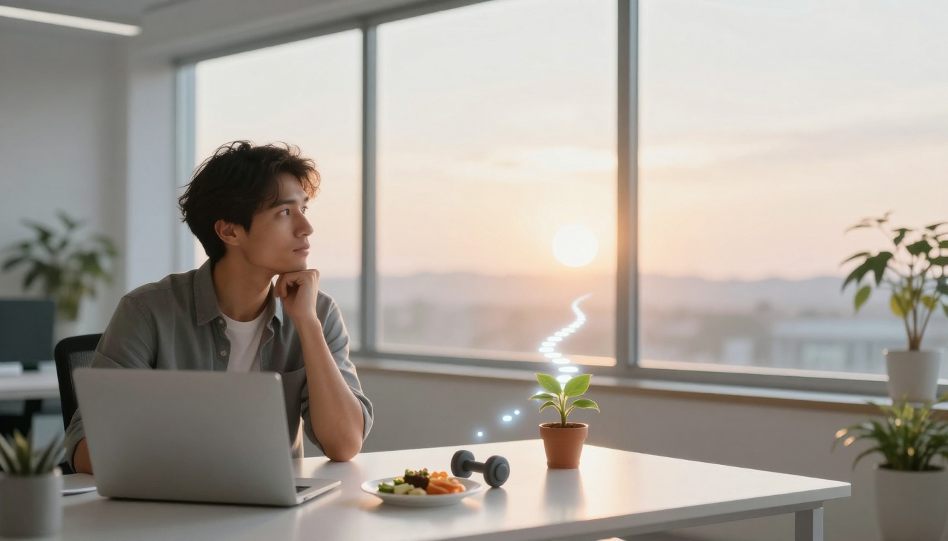 A person sits at a desk in an office, looking thoughtfully out the window at a sunset. A laptop, small potted plant, dumbbell, and a plate of food are on the desk. The room is bright with natural light.