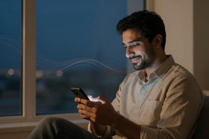 A man sitting indoors at night, smiling at a smartphone. He is wearing a light-colored shirt. A window shows a blurred cityscape.