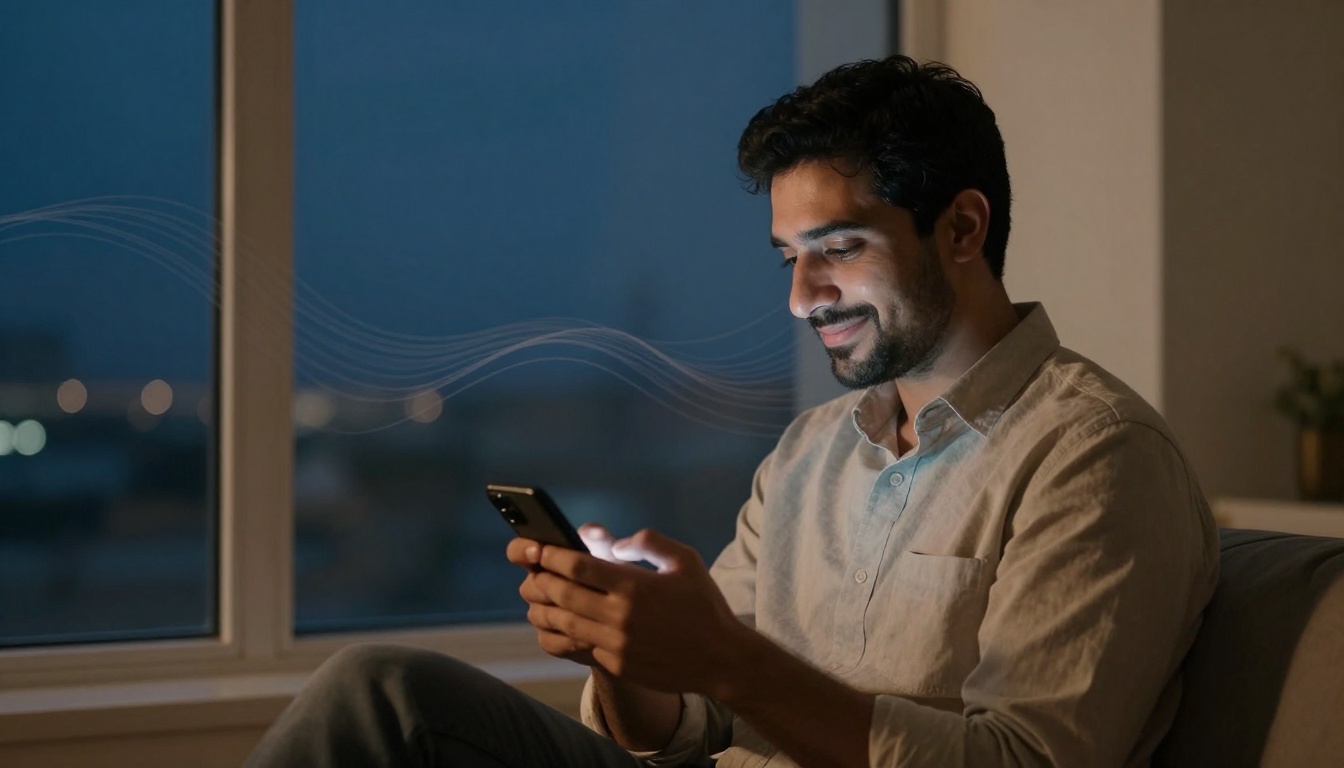 A man sitting indoors at night, smiling at a smartphone. He is wearing a light-colored shirt. A window shows a blurred cityscape.