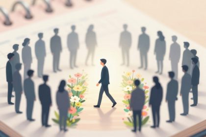 A person in a suit walks through a path lined with flowers, surrounded by silhouetted figures. The scene is set on a calendar page.