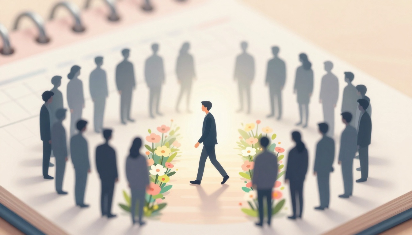 A person in a suit walks through a path lined with flowers, surrounded by silhouetted figures. The scene is set on a calendar page.