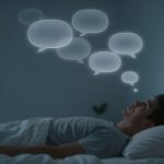 A person lies in bed at night, looking up at thought bubbles above their head. The room is dimly lit with a window in the background.