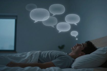 A person lies in bed at night, looking up at thought bubbles above their head. The room is dimly lit with a window in the background.