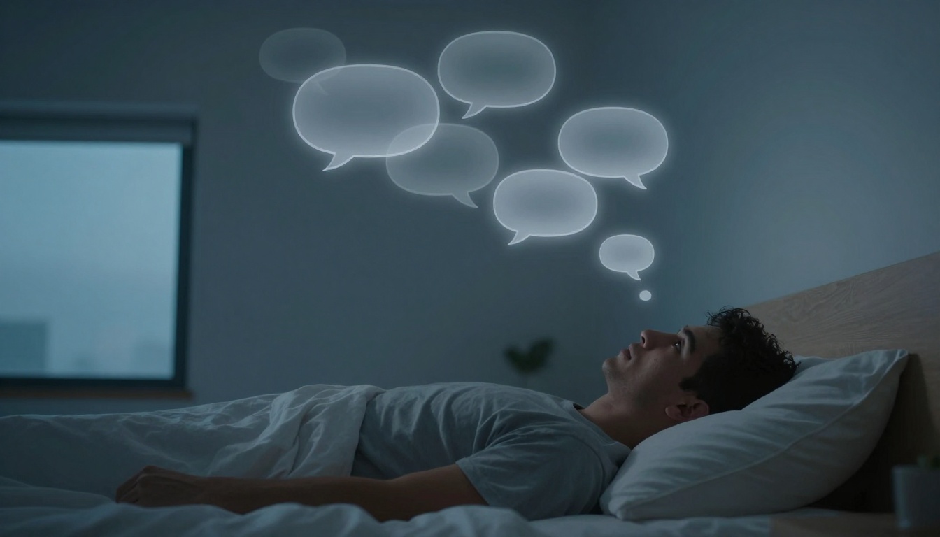A person lies in bed at night, looking up at thought bubbles above their head. The room is dimly lit with a window in the background.