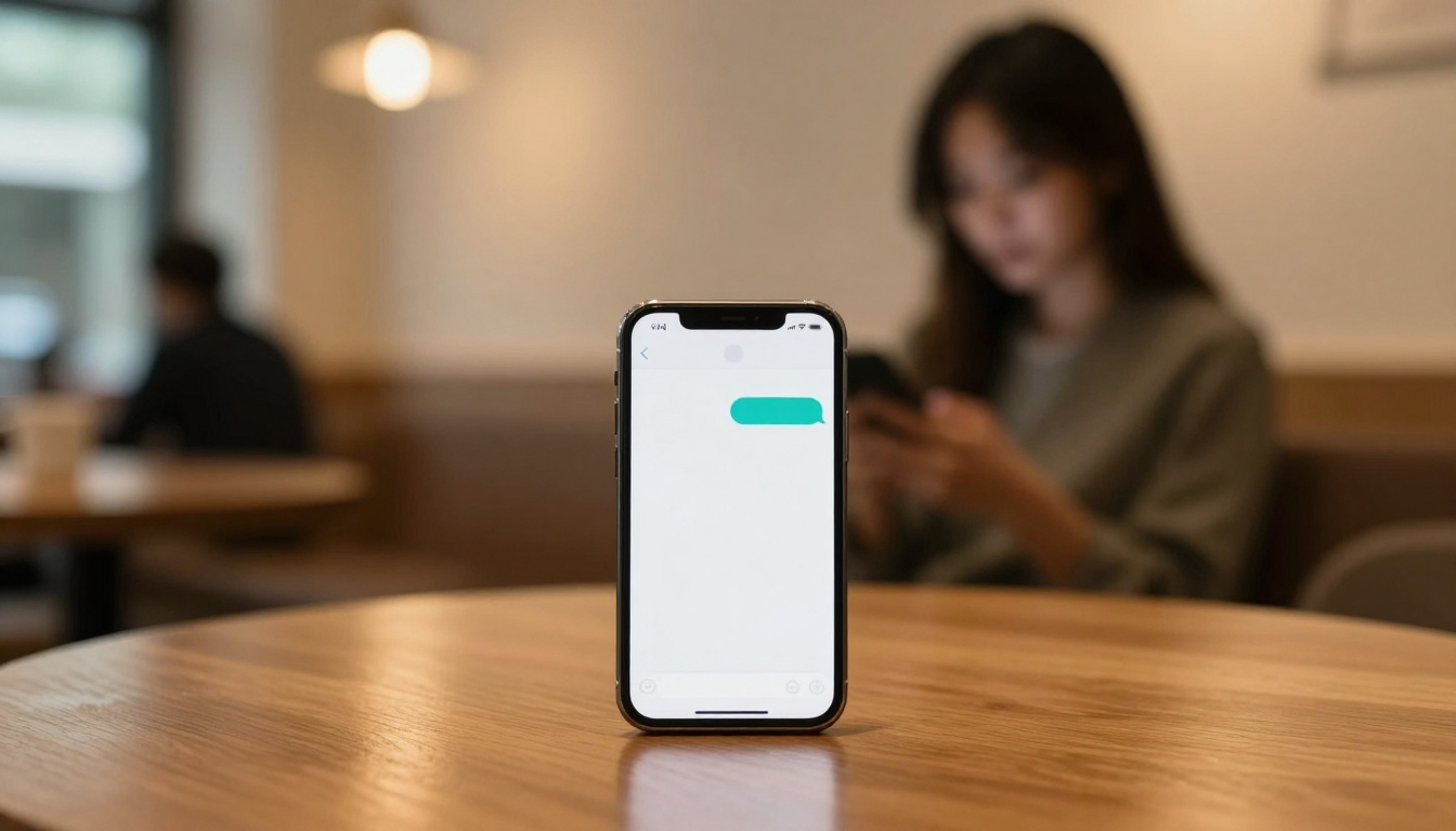 A smartphone with a blank text message bubble is placed on a wooden table in a cafe. In the blurred background, a person is using a phone.