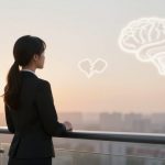 A woman in a suit stands on a balcony, looking at a skyline during sunset. Floating icons of a brain and two broken hearts appear in the sky.
