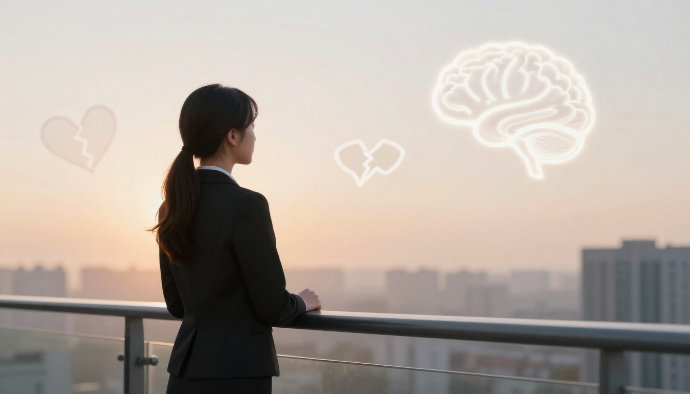 A woman in a suit stands on a balcony, looking at a skyline during sunset. Floating icons of a brain and two broken hearts appear in the sky.