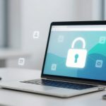 A laptop on a desk displays a large padlock icon on its screen, symbolizing security. Nearby are a smartphone and a small potted plant.