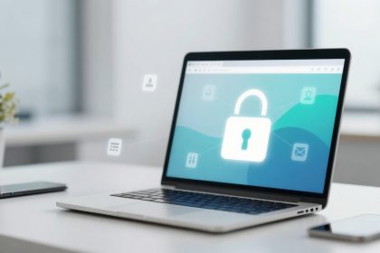 A laptop on a desk displays a large padlock icon on its screen, symbolizing security. Nearby are a smartphone and a small potted plant.